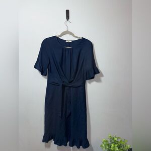 Pleione Tie Center Knot Ruffle sleeve & hem navy dress size XS EUC